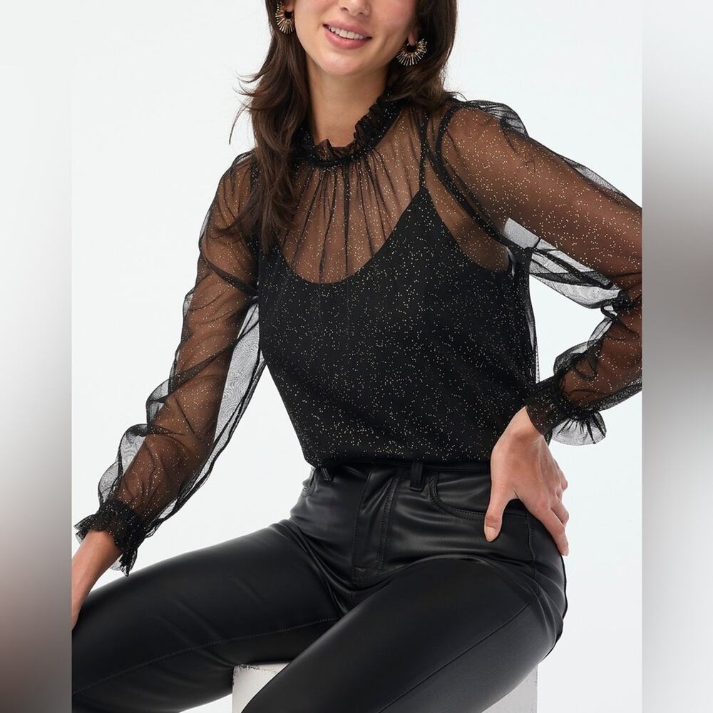 J.Crew Factory Black Shimmer tulle ruffleneck top Size S CE663